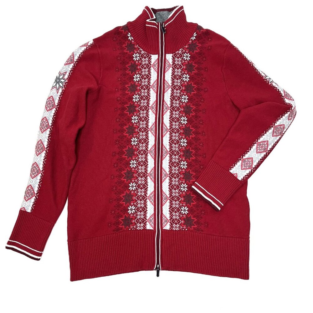 Eddie Bauer Women's Red Fair Isle Sweater, Zip Front, Combed Cotton, Size Large